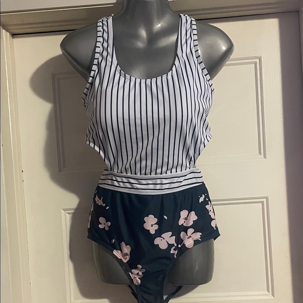 Striped and Floral One-Piece Swimsuit